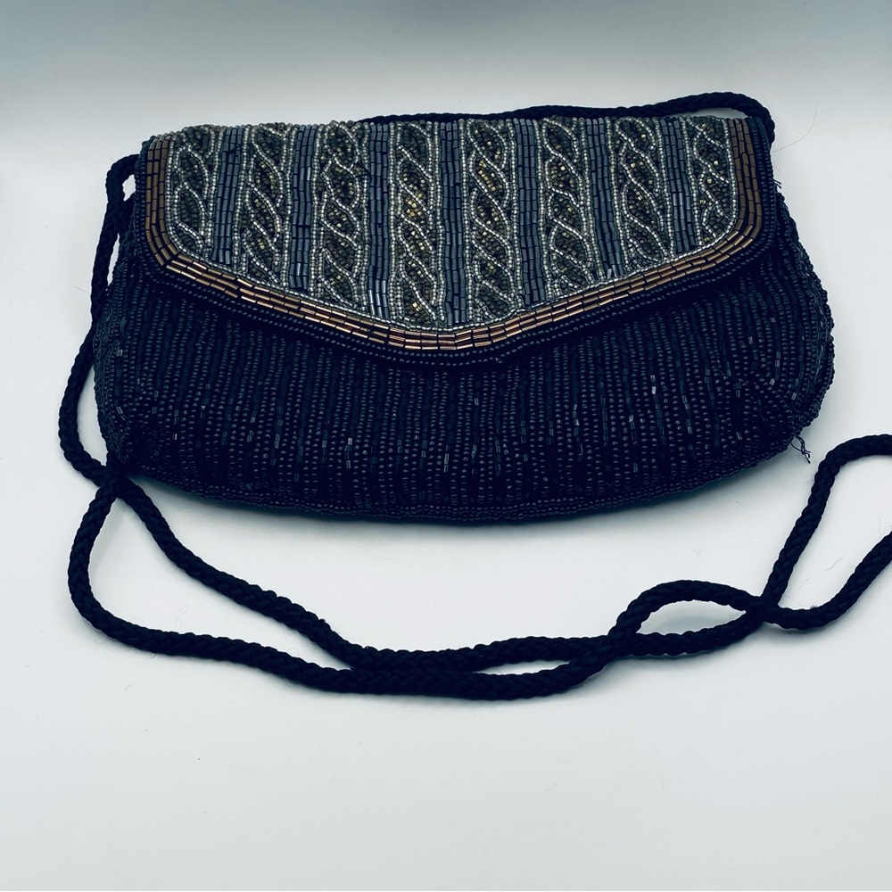 Vintage Carla Marchi Vintage Handmade Black Beaded Purse w Shoulder Cord - Picture 7 of 10